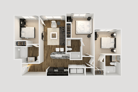 a 3d floor plan of a bedroom with a bathroom and a living room